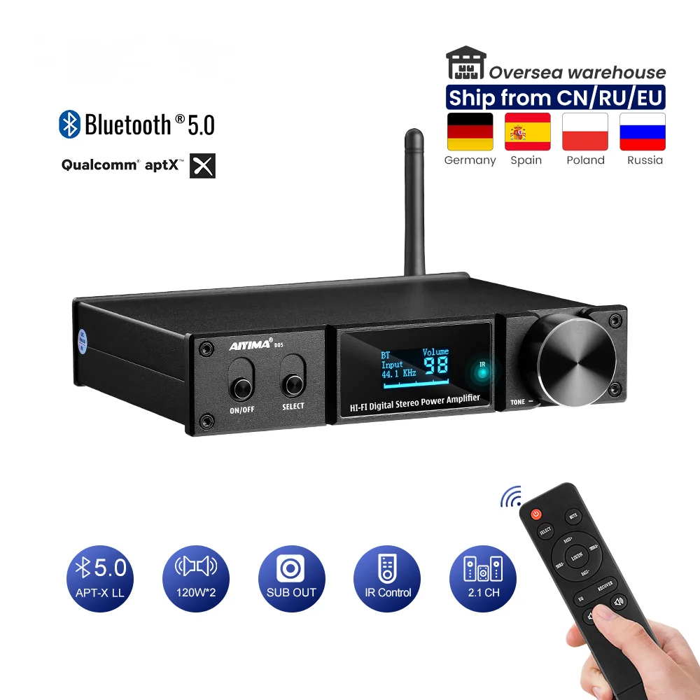 Aiyima D05 5.0 Amplificador de Som Bluetooth 120w × de Alta Fidelidade 2.1 Canais Amplificadores de Potência Digital Subwoofer Amp Usb Dac Oled Remoto Aptx