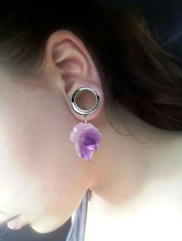 2 Pcs  Natural Stone Pendant Ear Tunnel Plugs  Gauges Purple Stone Dangle Flesh Tunnel Piercing Extension Ear Reamer4-25mm 00