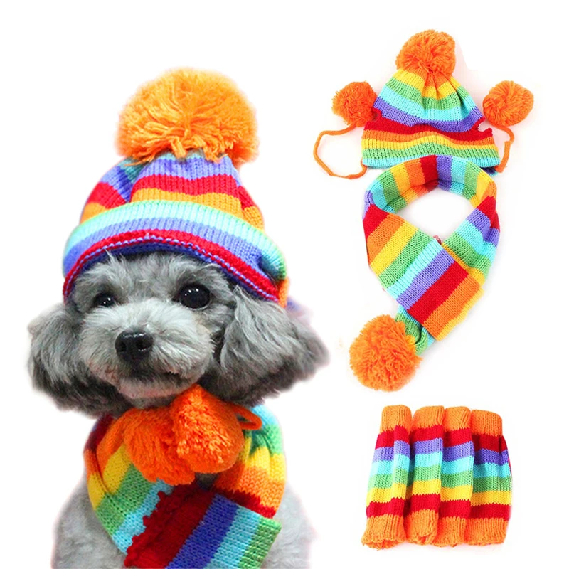 1 Set(hat+scarf+leg Warmers) Rainbow Stripe Knitted Dog Scarf Hat Winter Pet Products Warm Clothes Accessories For Small Dogs