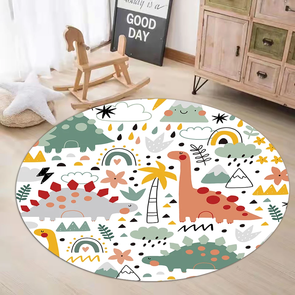 Cartoon Dinosaur Rug Soft Flannel Foam Round Carpet For Children Bedroom Lounge Living Room Kawaii Anti-Slip Floor Mat Washable