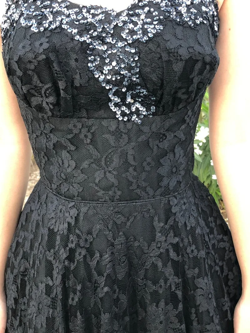 Handmade Black Lace Fit N Flare Long Formal Evening Gown Dresses Wide Shoulder Strap Sequin Bust Detail Prom dress