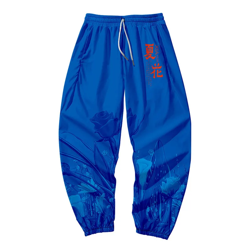 Zomer Bloem Gedrukt Mannen Chinese Stijl Blauw Pocket Cargo Broek Joggers Harajuku Sweatpant Hiphop Broek Plus Size 6XL