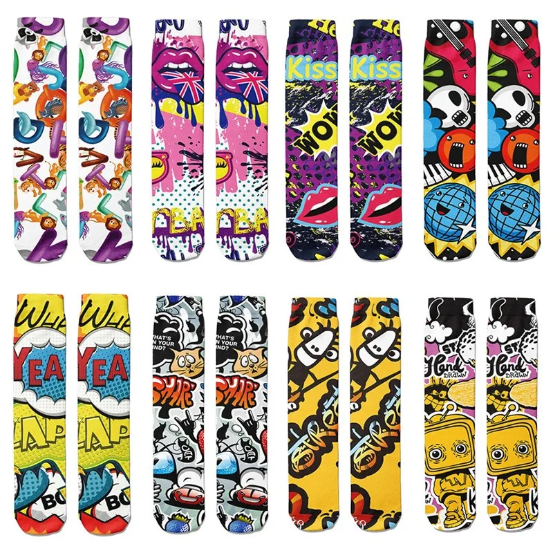 1 Pairs Harajuku Funny Happy Kawaii Hip Hop Women Socks Casual Graffiti Unisex Long Socks Colorful Female Thigh High Socks