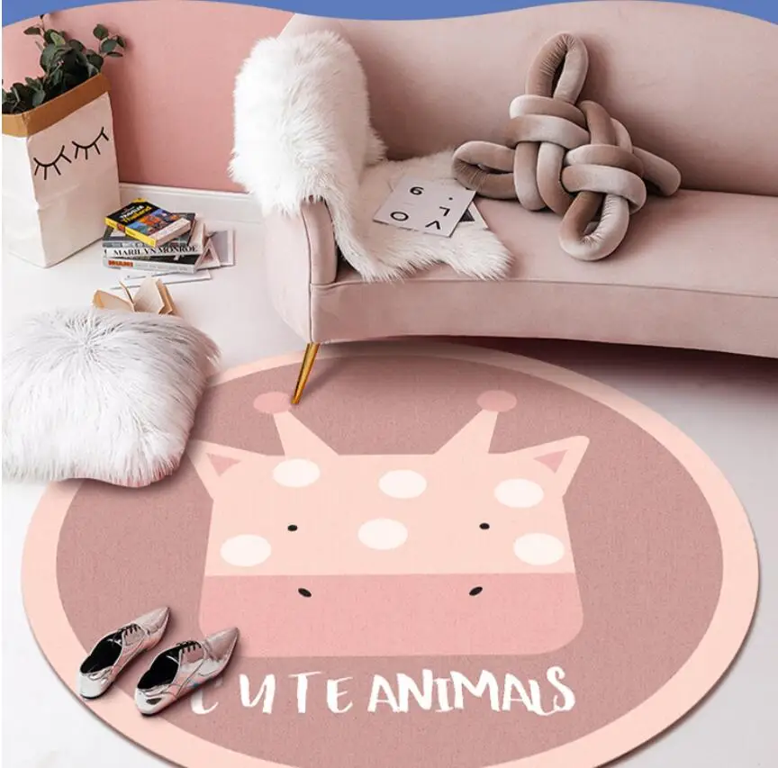 Nordic Cute Cartoon Animal Lion Cat Dog Round Children Rug Boy Kids Decoration Carpet Mat For Tent Bedroom Bedside Rug Play Mat