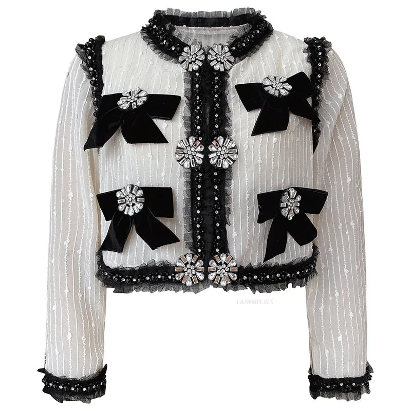 2021 Sequins Cardigan Women Luxury Long Sleeve Slim Short Jacket Coat Retro Beaded Sexy diamond bow Lace Coat Tops