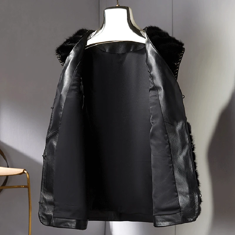 Mink Fur Sleeveless Vest Woman Natural Mink Fur Black V-collar Coats Genuine Leather Mink Fur Jackets Ladies Winter Vest 2022