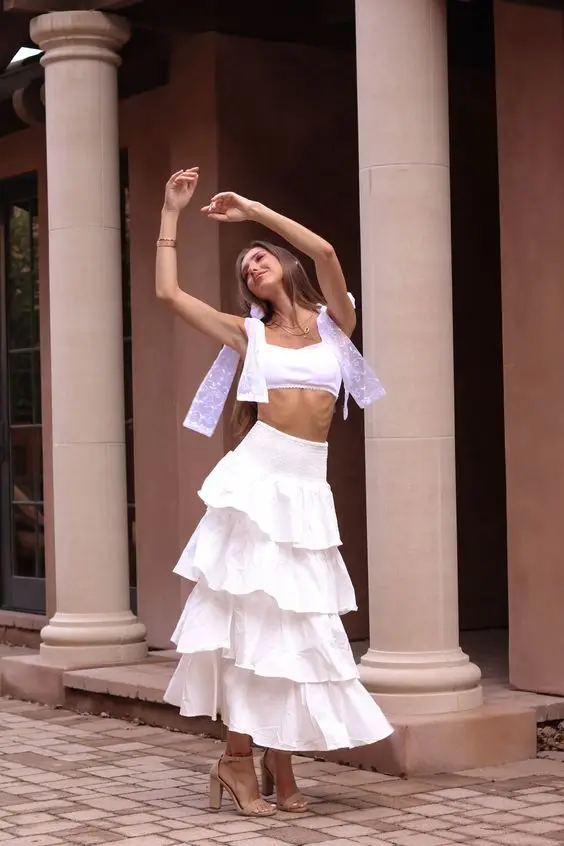 Jupe Midi en Satin à volants blancs, mode coréenne, vêtements élégants pour femmes, longue plissée, taille haute