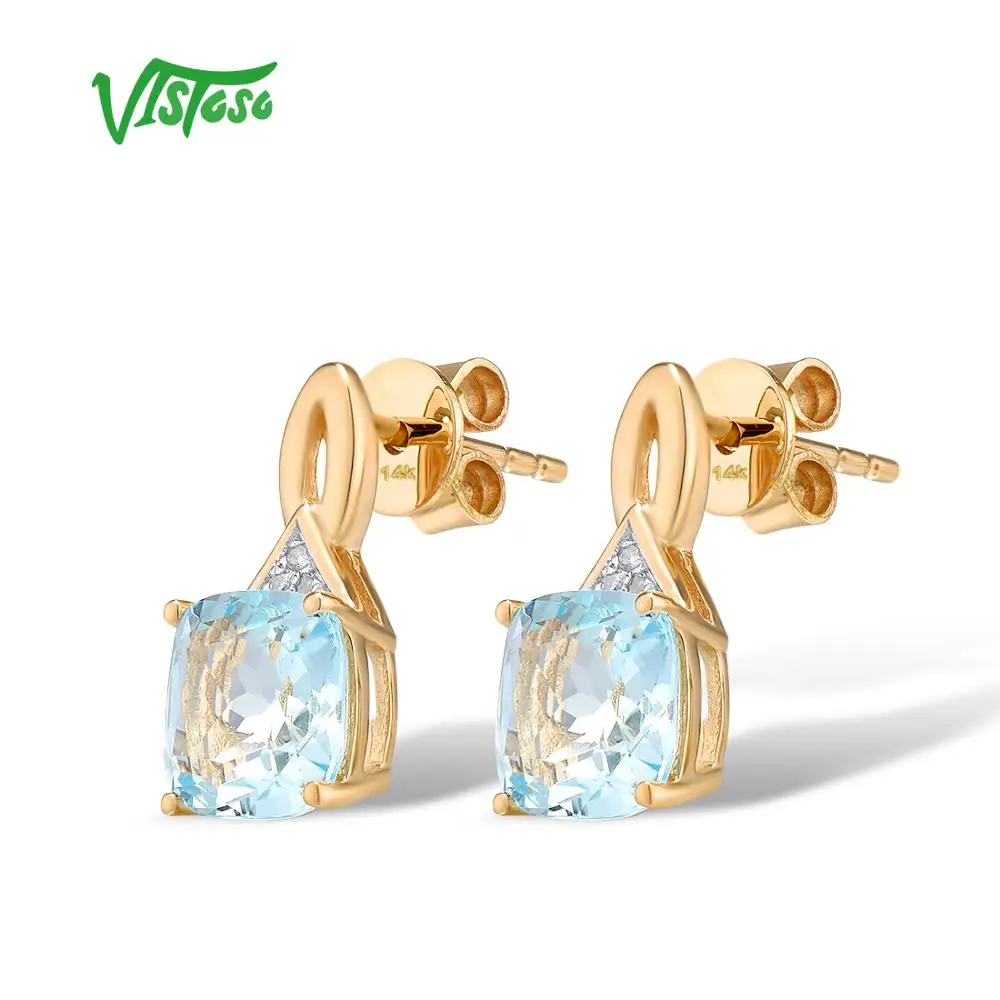 VISTOSO Gold Earrings For Women 14K 585 Yellow Gold Glamorous Shiny Blue Topaz Sparkling Diamond Luxury Trendy Fine Jewelry