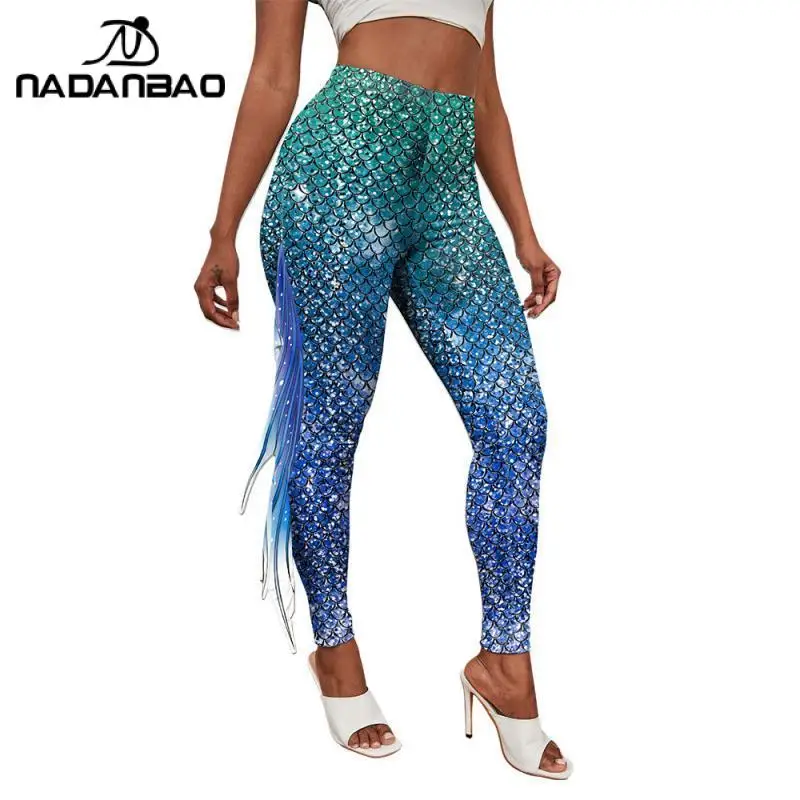 

NADANBAO Mermaid Leggings for Womens Fish Scale Print Trousers Pants Halloween Cosplay High Waist Pencil Pants