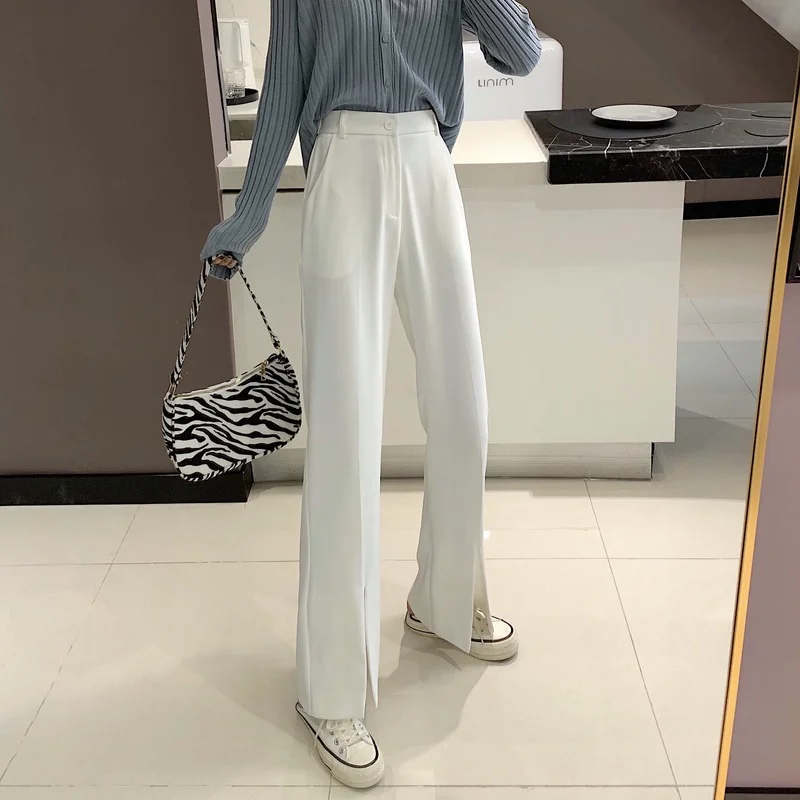 Pantaloni donna fessura laterale allentato solido vita alta 3 colori donna semplice All-match stile coreano Streetwear tempo libero dritto Ins accogliente