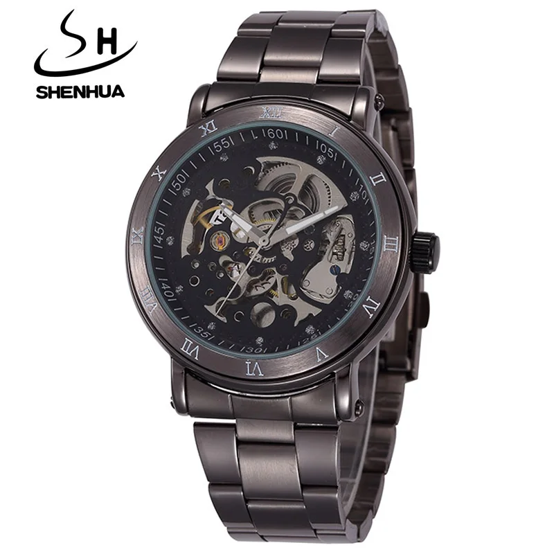 new fashion skeleton black men male clock SHENHUA brand hollow cool stylish design classic mechanical wrist dress watch