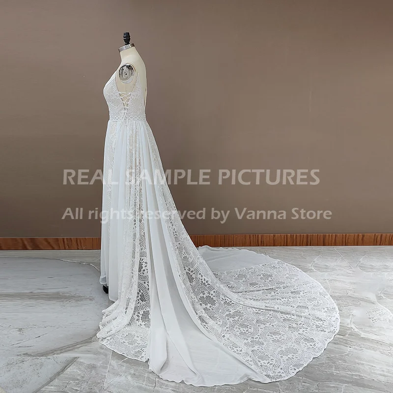 Lange Zug Spaghetti-trägern Chiffon Hochzeit Kleid Große Größen Nach Maß Boho Criss-cross Strand Elopement Spitze Brautkleider