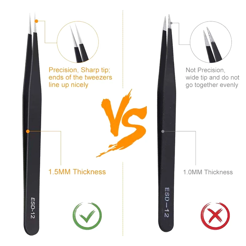 6pcs Anti-static ESD Stainless Steel Tweezers Maintenance Tools Industrial Precision Curved Straight Tweezers Repair Tools Set A