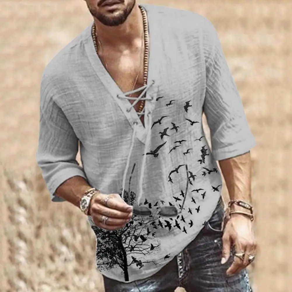 Summer Autumn 2021 Fashion Halloween Costume Men T Shirt V Neck Lace Up Vintage TShirt Half Sleeve Cotton Blouse Top Male Shirt