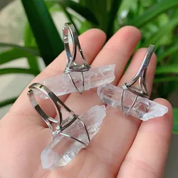 Wire Wrapped Natural Crystal Rings for Women Rock Hexagonal Stone Clear Quartz White Crystal Finger Ring Jewelry Adjustable