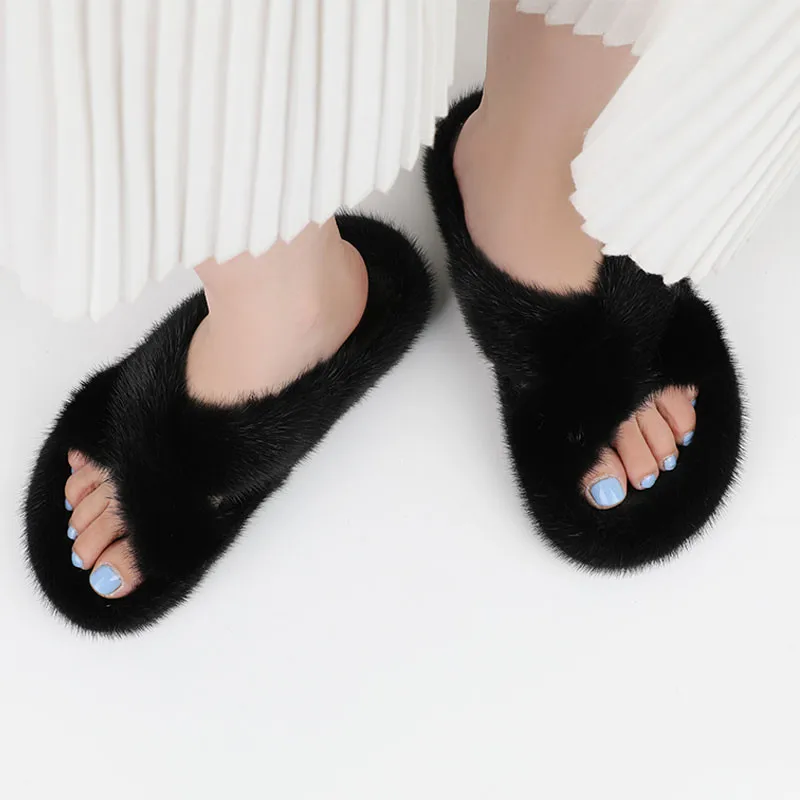 

Women's Sandals Summer 2023 Fashion Outdoor Slides Mink Real Fur Slippers Shoes For Women