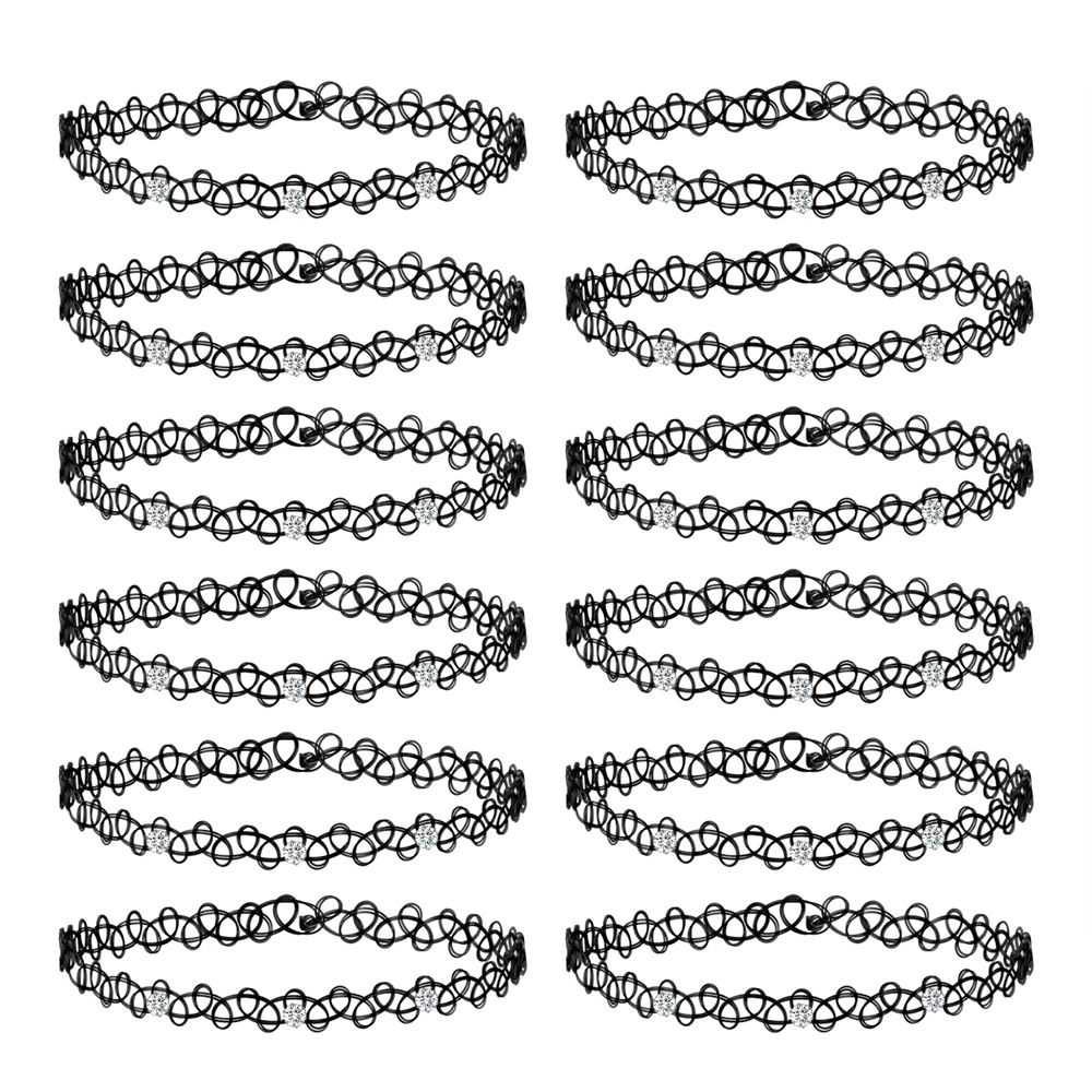 ZS 12 Stück Vintage Stretch Halsband Halskette Dame Mädchen Tattoo Halsband Halskette Punk Retro Gothic Elastische Halsketten für Frauen