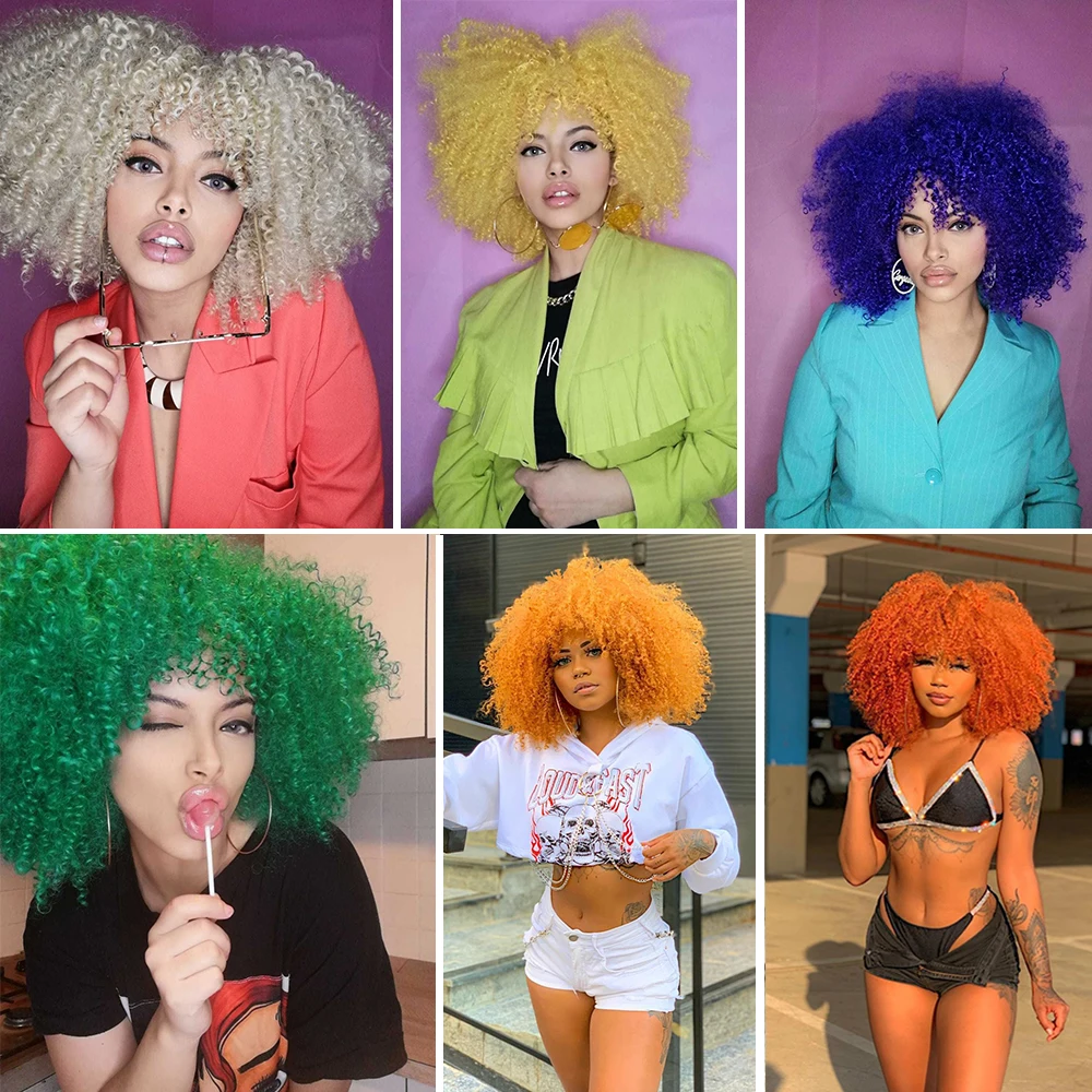 Kurzes Haar afro verworrene lockige Perücken mit Pony für schwarze Frauen synthetische blonde grüne rote Cosplay Perücken hohe Temperatur 14“