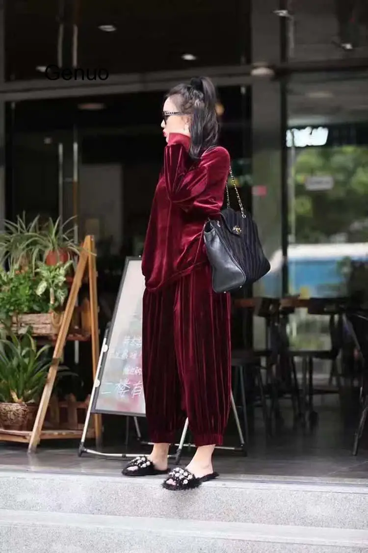 Mulher de veludo duas peças conjunto batwing manga mulher topos com perna larga calças duas peças conjunto das mulheres conjuntos quentes roupas 2020