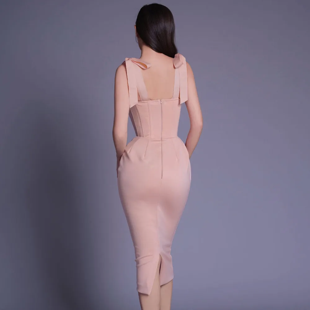 Pink White Color 2021 New Fashion Women\'s Sleeveless Sexy Bodycon Mid-calf Dress Evening Party Dress Birthday Celebrate Vestido
