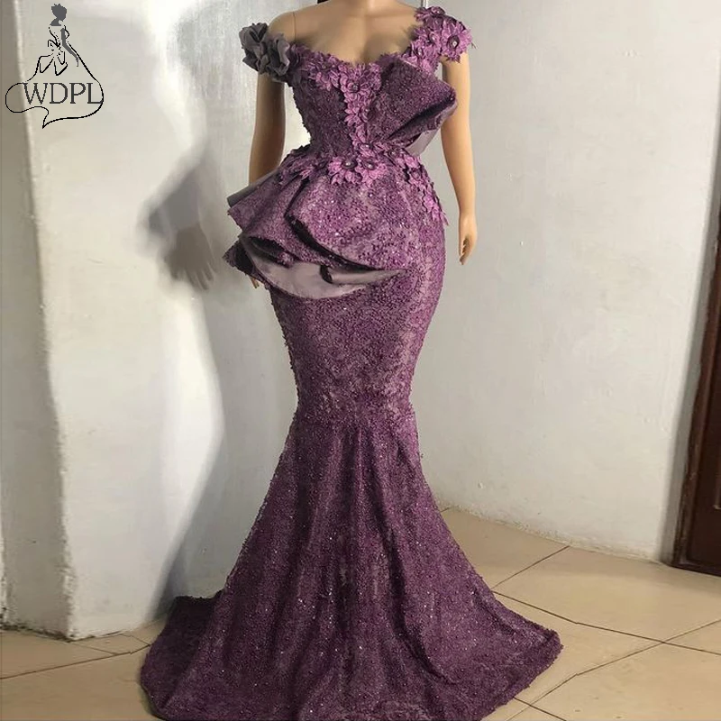 Aso Ebi 2020 Neue Meerjungfrau Abendkleider Weg Von der Schulter Spitze Rüschen Afrikanische Frauen Prom Kleider Grape Formale Party Kleid vestido