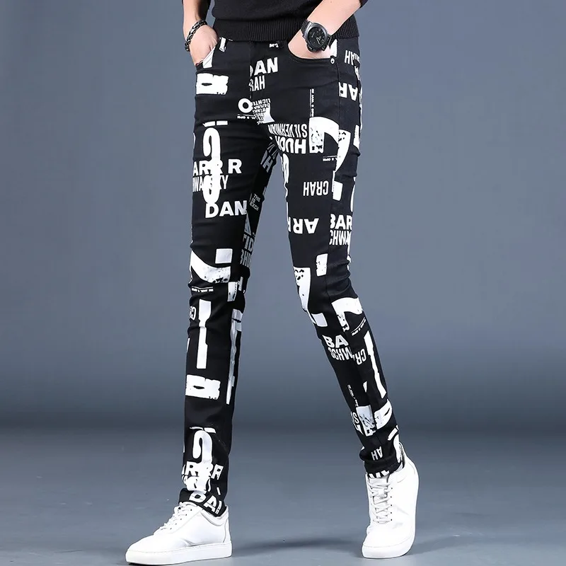 Autumn Black Jeans Men Fashion Letter Printed Pants Casual Slim Fit Jean Streetwear Mens Denim Trousers