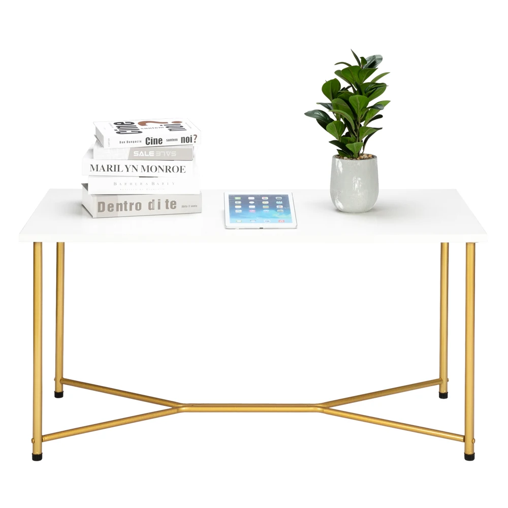 Single Layer 1.5cm Thick MDF White waterproof Square Tabletop Golden Table Legs Iron Coffee Table End Table Side Table White