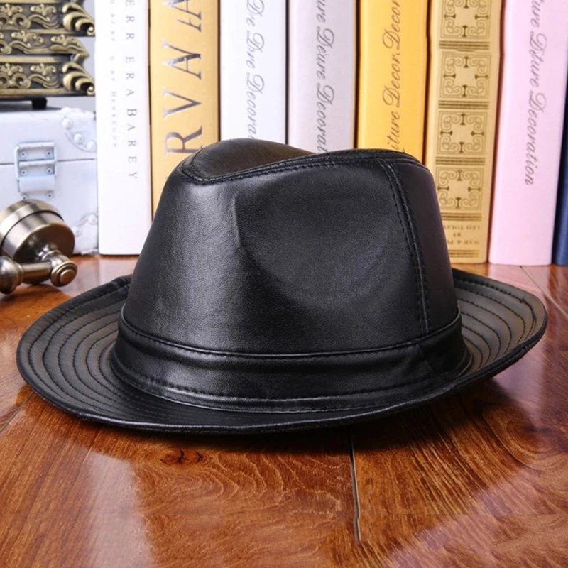 Retro Man High Quality Genuine Leather Jazz Fedora Gentleman Sheep leather Short Brim Black/Brown Top Hat Male Shows Topper