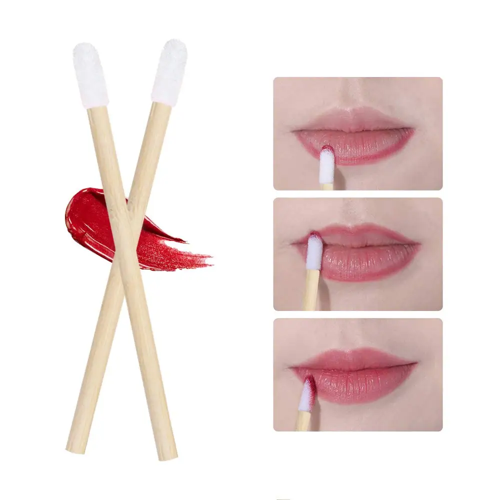 100/200PCS Lip Wands Factory Eco-friendly Nylon Hair Disposable Makeup Lip Brush Applicator with Bamboo Wood Handles