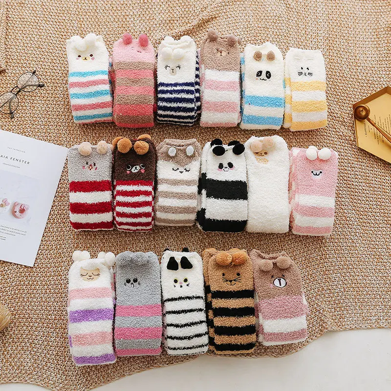 Soft Coral Fleece Knee Socks Winter Warm Girl Women Cute Cartoon Animal Stocking Striped Cozy Thigh High Christmas