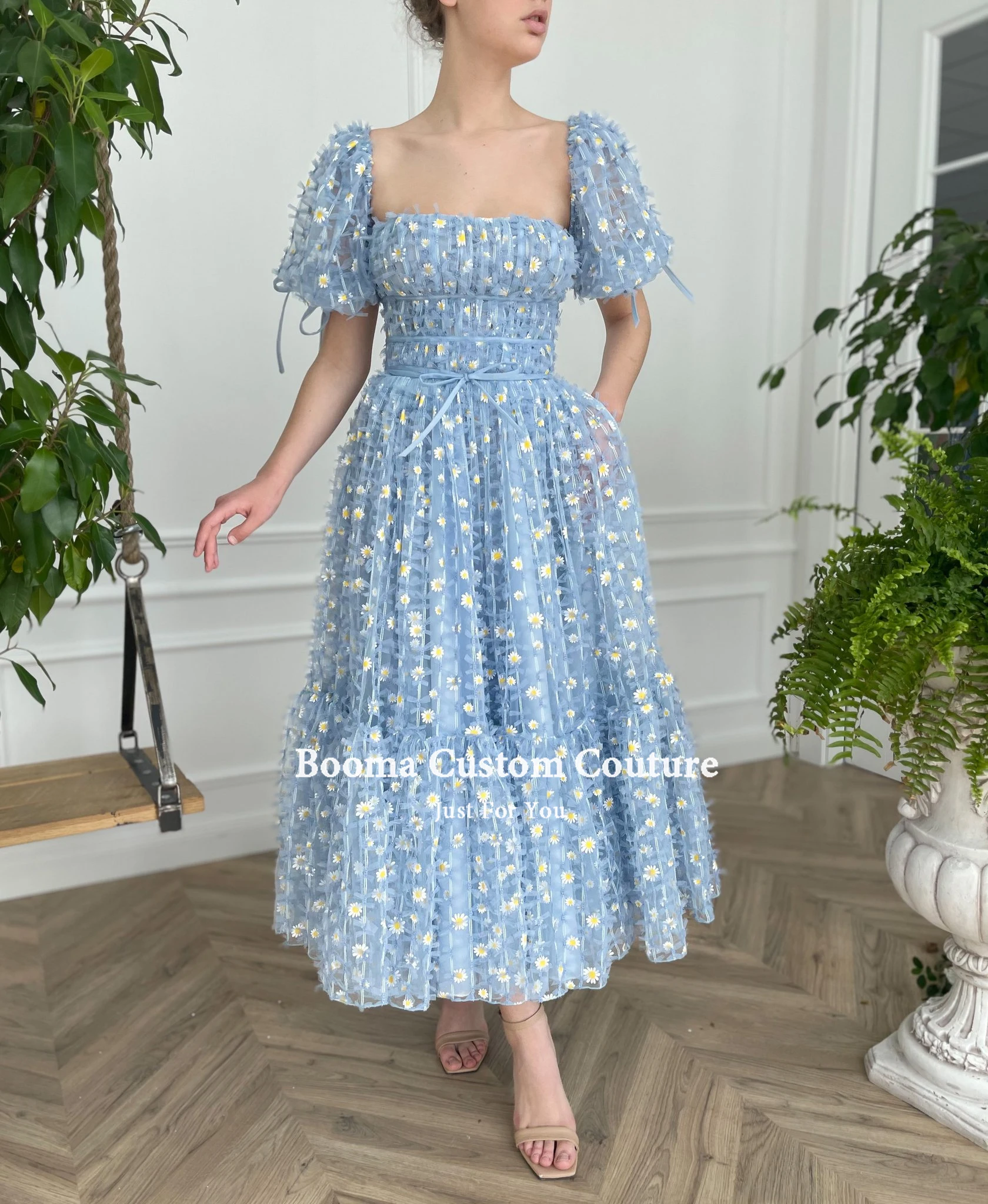 Booma Blue Square Neck Midi Prom Dresses Short Sleeves Daisies Lace Prom Gowns with Pockets Tea-Length Wedding Party Dresses