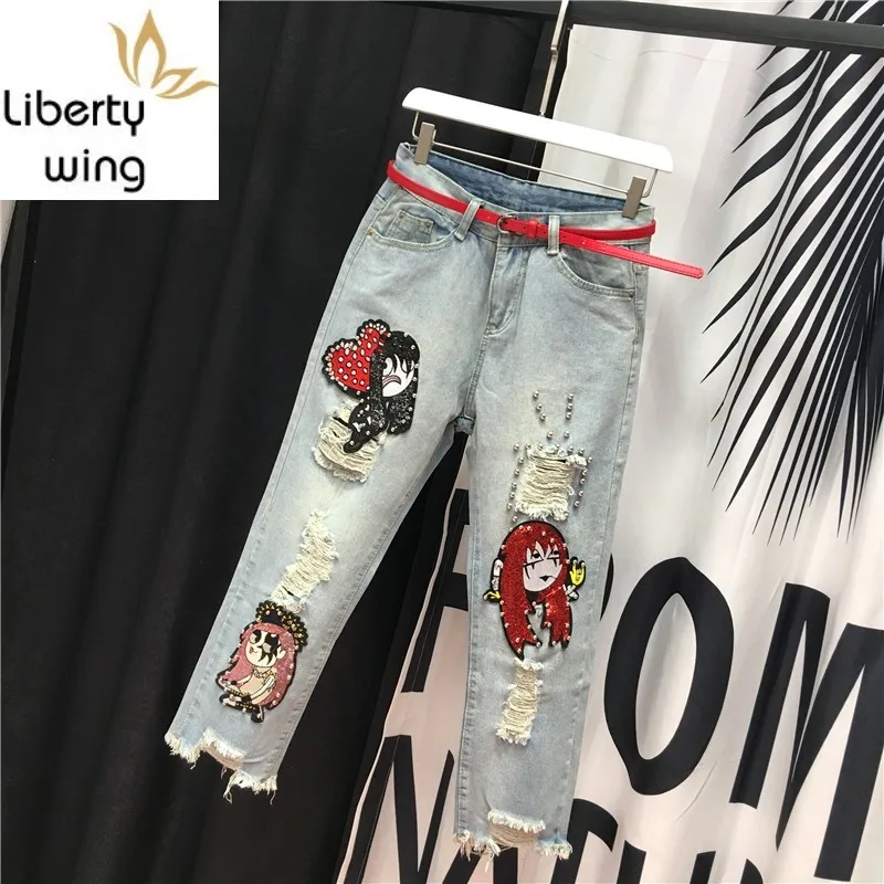 Fashion Women Hole Ripped Jeans High Waist Sequined Cartoon Embroidery Denim Harem Rivet Beads Ankle Length Baggy Pants