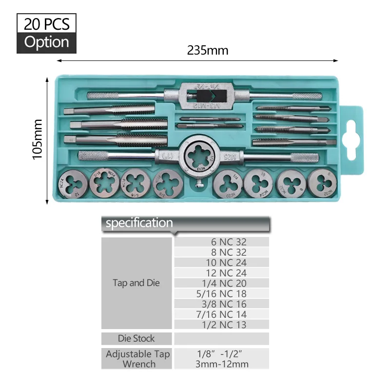 EVANX 20pcs/40pcs Tap Die Set Hand Thread Plug Taps Handle Alloy Steel Inch Threading Tool With Case