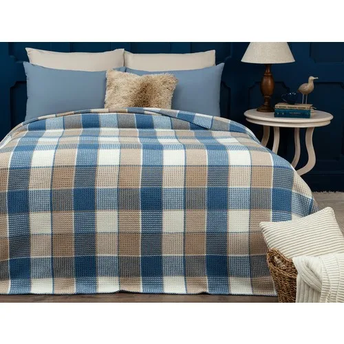 Madame Coco Odline Double Personality Plaid Cotton Blanket-Blue/Beige