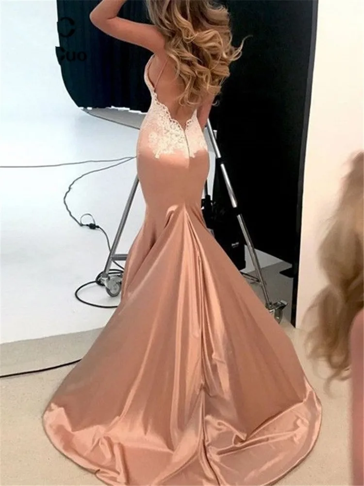 Robe de Soirée de Forme Sirène en Satin et Dentelle, Tenue Sexy, Couleur Champagne, Bretelles Spaghetti, Dos aux, Bal de Promo, Personnalisée, 2025