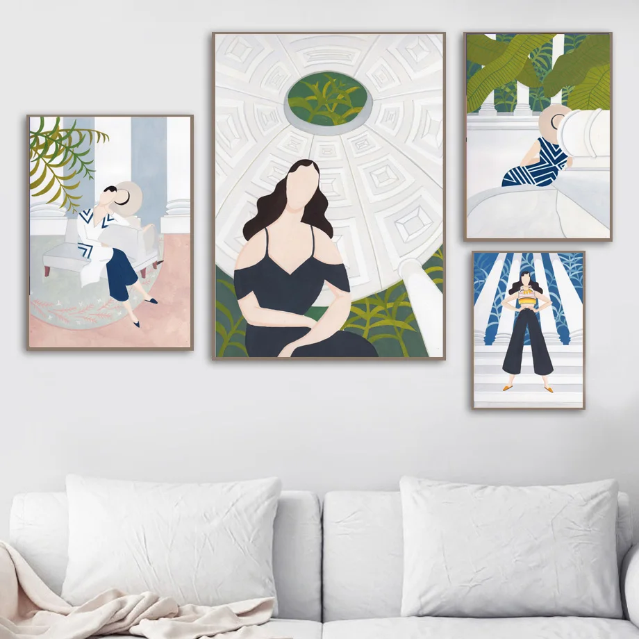 Nordic Minimalist Fashion Woman Building Leaves Wall Art Canvas Painting Posters And Prints Wall Pictures For Living Room Decor