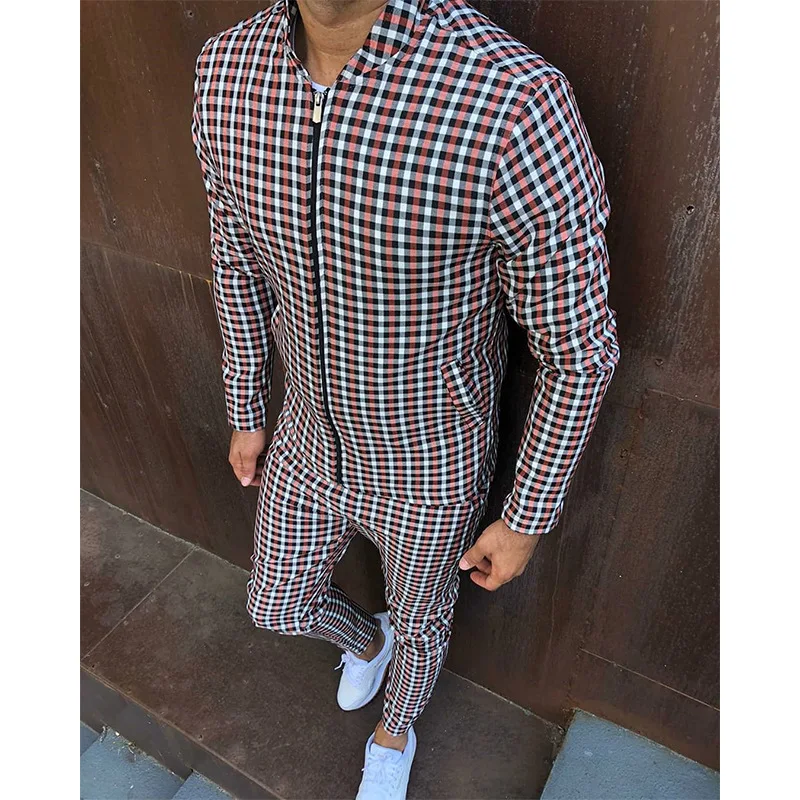 Men\'s Spring And Autumn Large Size Suit Casual Sports Fashion Joker Checkered Stand Collar Zipper Cardigan Jacket Trousers