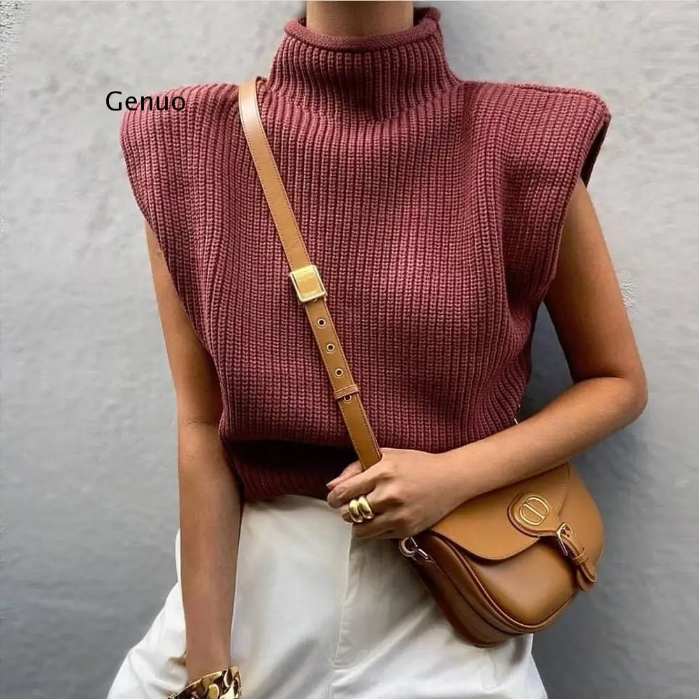 

Turtleneck Sleeveless Women Vest Sweater White Shoulder pads Pullover Knitted Loose Autumn Winter Casual Jumper