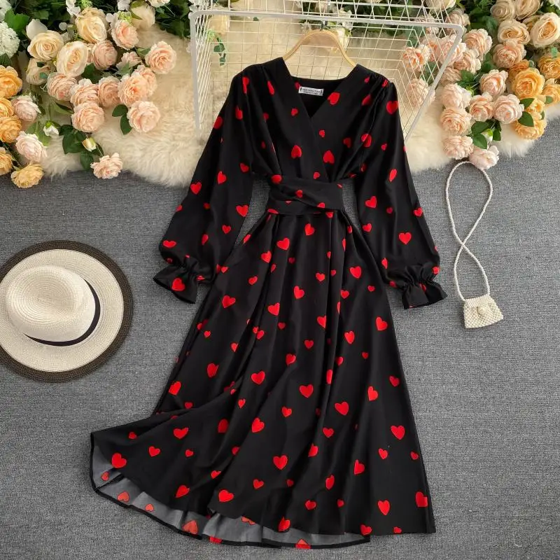 French Sim Spring Love Heart Print V Neck Bandage Dress Autumn Long Casual Women High Waist Vestido De Festa Elegant Vestidos