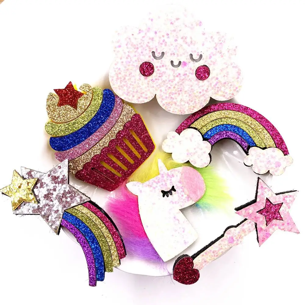 Filzstoff Glitzer Weiß Wolke Fluss Regenbogen Einhorn Fee Stick Kuchen Applikation DIY Haarnadel Aufkleber Schleife Zubehör Patches Handwerk