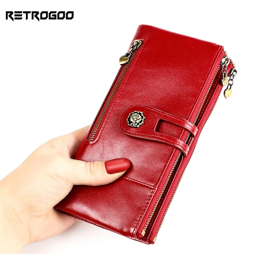 

RETROGOO Cow Leather RFID Wallet Women Hasp Zipper Wallets Genuine Leather Female Purse Long Ladies Money Bag Girls Rose Clutch