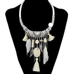 Bohemain Ethnic Fringed Feather Necklaces for Women Rope Woven Sweater Choker Collar Necklace Tribal Indian Party Jewelry