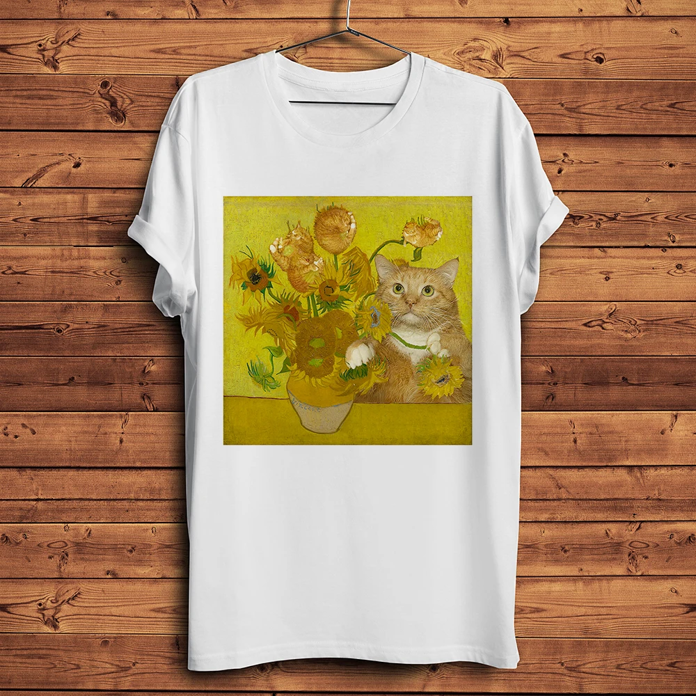 meow van Gogh Sunflowers Starry Night Edvard Munch The Scream funny cat tshirt Men Casual T Shirt Unisex Creation of Adam