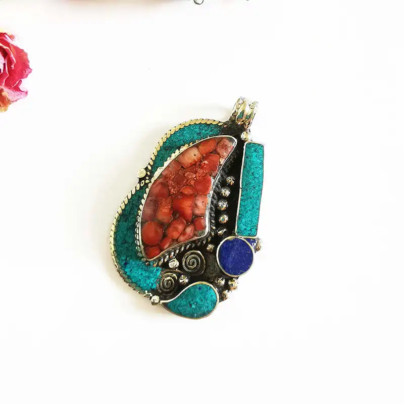 Nepal Jewelry Pendants White Metal Copper Inlaid Colorful Stone Big Pendant from Nepal TBP657