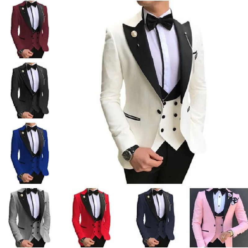 

Men Suits 3 Pieces Slim Fit Business Suits Groom Champagne Noble Grey White Tuxedos for Formal Wedding Suit Blazer&Pants&Vest