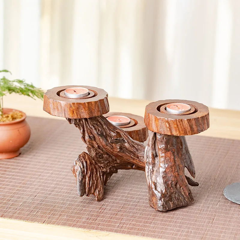 Retro Nostalgic Wooden Creative Three-Head Candlestick Decoration Dining Table Creative European Candle Dinner Candle Holder