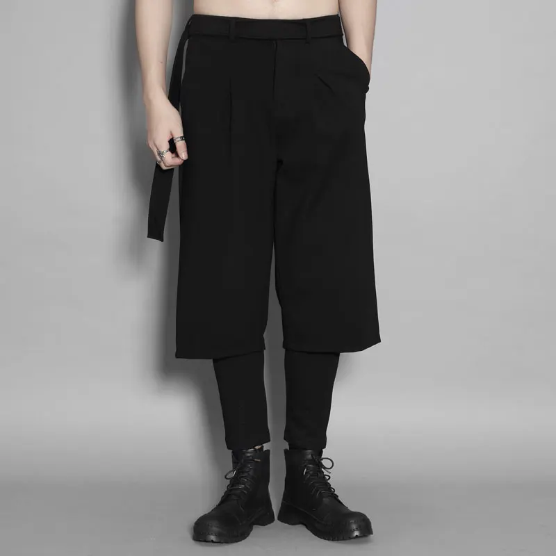 Fall Wear British personality belt stitching niche design casual trend fake two-piece pants men's nine-point trousers trend