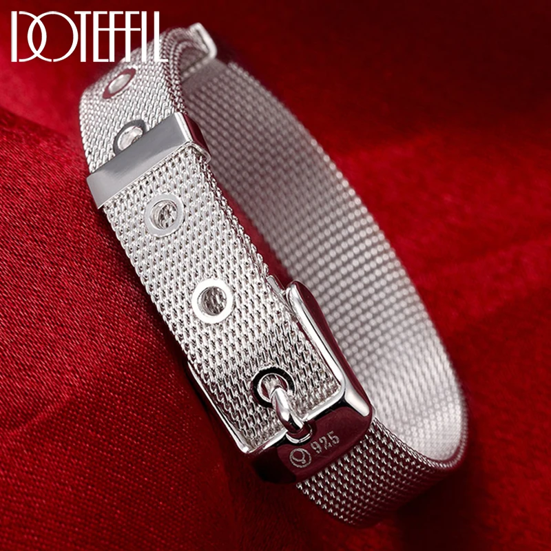 DOTEFFIL 925 Sterling Silver 10/12/14mm Web Watch Belt Bangles Bransoletki dla kobiet mężczyzn Biżuteria zaręczynowa ślubna