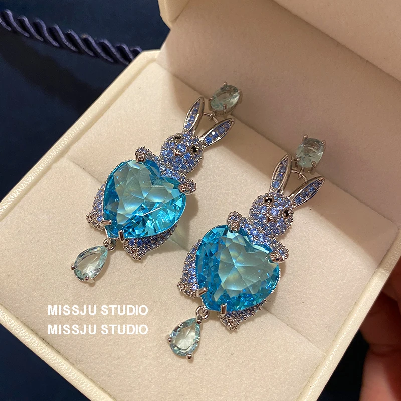 Dangle Earrings for Women S925 Nails Rabbit Inlay Blue Cubic Zirconia Fine Jewelry Temperament Accessories Drop Shipping