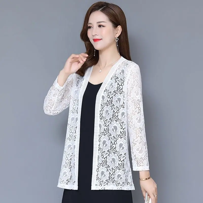 Lace Crochet Kimono Cardigan Summer Beach Chiffon Office Lady Cardigan Female Streetwear Holiday Vacation Women Boho Cardigan